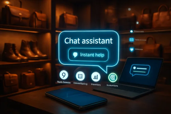 Neon “Chat assistant” interface on a laptop in a warm, blurred office setting.