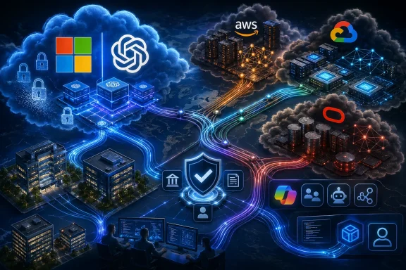 Cloud, AI, and AWS server icons connect through glowing networks amid data-center clouds and cityscapes.