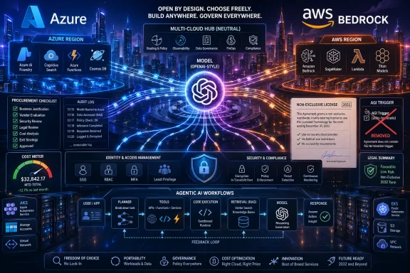Multi-cloud AI workflow graphic uniting Azure and AWS Bedrock with legal, security, and cost panels.