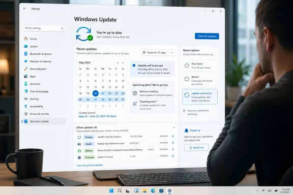 Windows Update settings page shows updates paused and restart options on a laptop screen.
