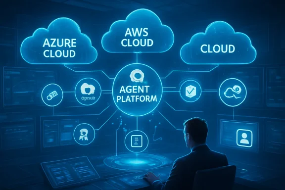 Conceptual diagram of a central agent platform connecting AWS, Azure, and cloud icons in a cyber network.