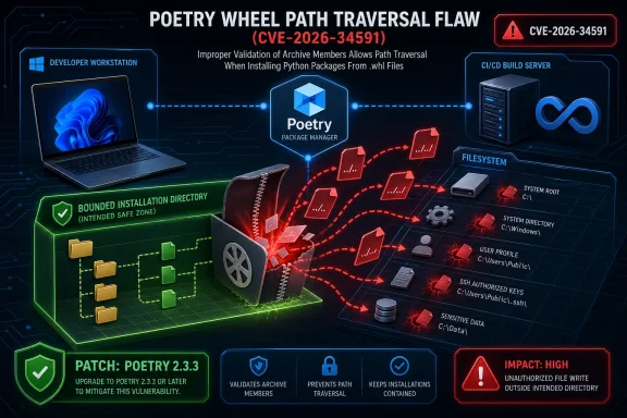 Cybersecurity infographic showing Poetry wheel path traversal flaw (CVE-2026-34591) with safe install and patch guidance.