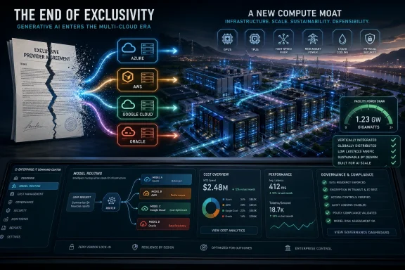 Futuristic multi-cloud AI compute graphic showing Azure, AWS, Google Cloud, and Oracle powering a secure data center.