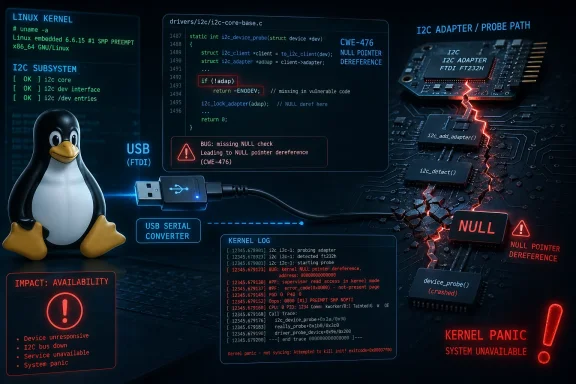 Tech infographic showing a Linux I2C adapter bug with a NULL pointer dereference causing a kernel panic crash.