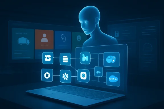 Blue digital AI network visual with a laptop displaying interconnected technology icons and a head silhouette.