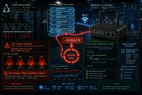 Diagram of a linux server network showing an “EAGAin” infinite retry loop and IoT gateway packet path diagnostics.