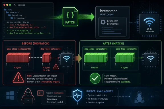 Diagram shows a Wi‑Fi driver DMA patch fixing a memory size mismatch to prevent system crashes.