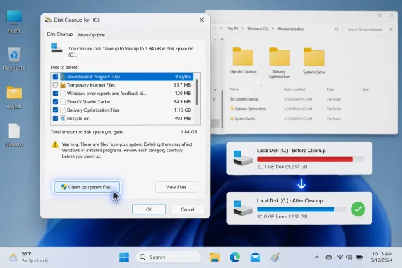 Windows Disk Cleanup window shows freeing 1.84GB on Local Disk (C:) with before/after disk space bars.