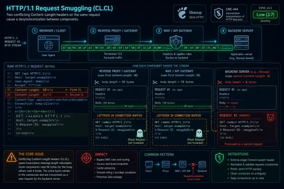 Diagram showing HTTP CL.CL request smuggling with conflicting Content-Length headers causing backend “ghost” requests.