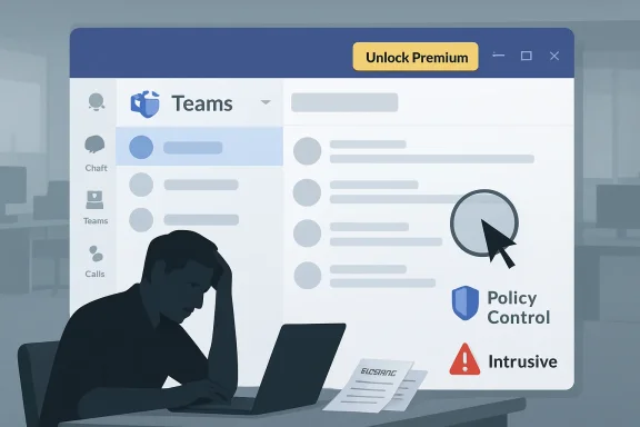 Person using laptop with a “Policy Control” dashboard showing “Intrusive” alerts and an “Unlock Premium” banner.