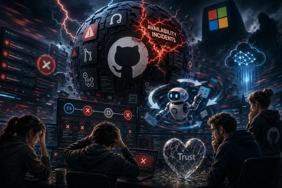 Cybersecurity operations scene with stressed staff as a cracked globe shows availability incidents, lightning, and warning icons.