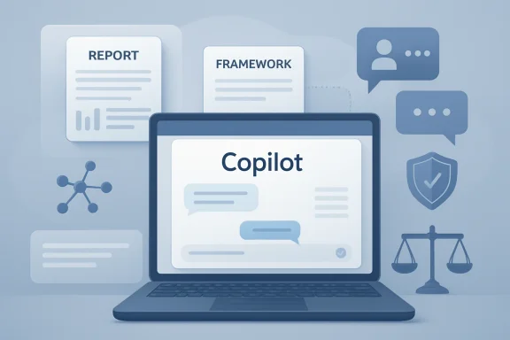 Illustration of a laptop displaying “Copilot” with report/framework documents and chat icons around it.