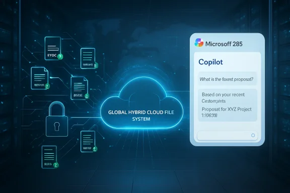 Blue cloud-based hybrid file system with a Microsoft Copilot UI on a futuristic network backdrop.