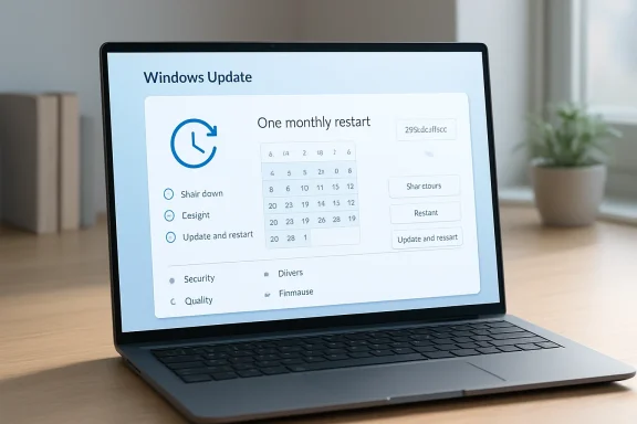 Laptop screen shows Windows Update options, including scheduled “update and restart.”