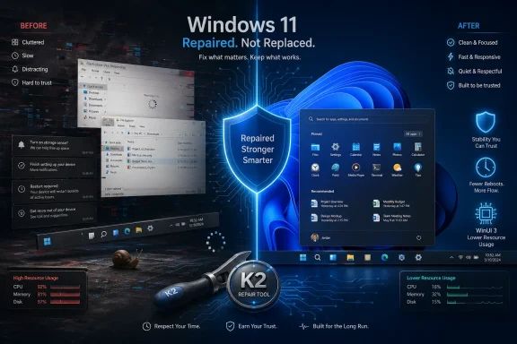 Promotional split-screen for a Windows 11 K2 repair tool showing “before” clutter and “after” optimized stability.