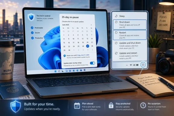Laptop shows Windows update pause and sleep/restart options on a desk by a city view.