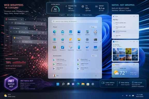 Futuristic Windows 11 UI mockup showing app tiles, task panel, and performance stats on a blue tech backdrop.