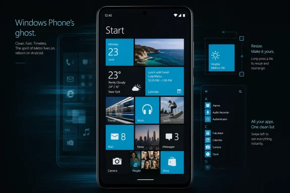 Promotional image of a Windows Phone Start screen with app tiles, weather, and messaging icons.