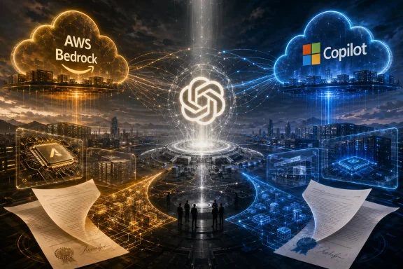 Cloudy skyline with AWS Bedrock and Copilot icons, AI network beams, circuitry visuals, and signed documents.