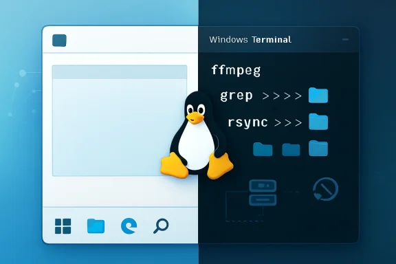 Split-screen shows a Windows file window and a Windows Terminal with “ffmpeg” and “grep/rsync” commands.