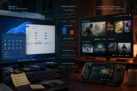 Gaming PC setup showing Windows 11 desktop and SteamOS performance comparison screens on two monitors.