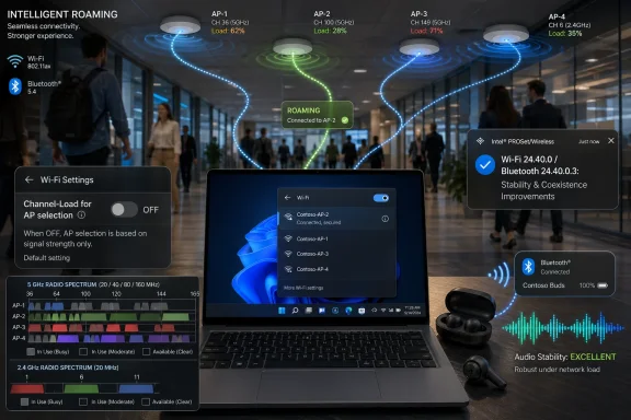 Smart office scene showing roaming Wi‑Fi and Bluetooth connection status across multiple APs with device UI overlays.
