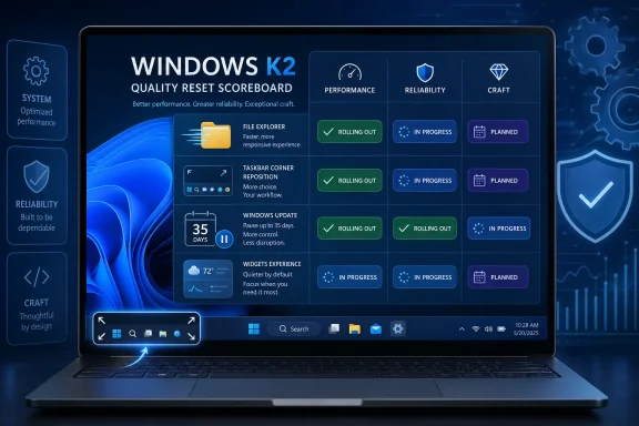 A laptop displays a “Windows K2 Quality Reset Scoreboard” with performance, reliability, and craft updates.