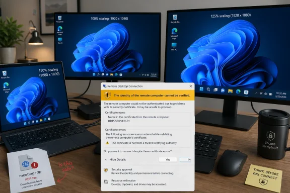 Remote Desktop Connection warns “identity cannot be verified” with certificate error on multiple Windows displays.