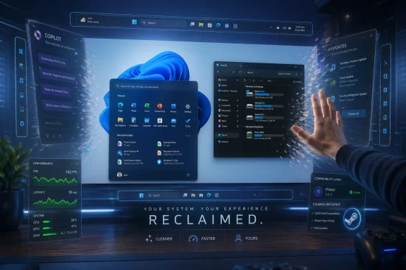 Futuristic Windows desktop with Copilot, updates, performance stats, and “RECLAIMED” branding.