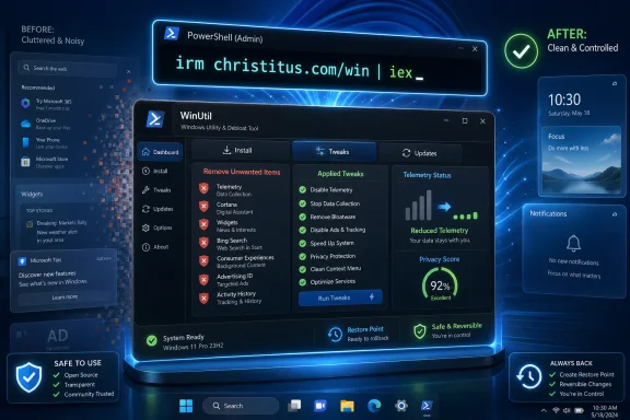 Screenshot shows WinUtil PowerShell tweaks interface cleaning Windows telemetry, with “Before/After” UI indicators.