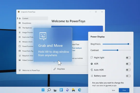 PowerToys welcome screen on Windows with a “Grab and Move” help dialog over a blue desktop.