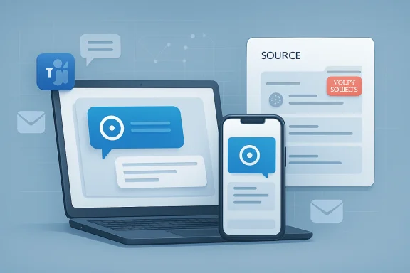 Illustration of a laptop and smartphone messaging with chat bubbles and source content.