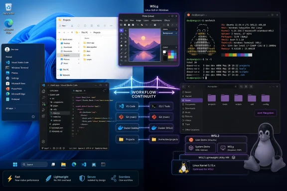 Windows 11 desktop showing WSL2 Linux integration with VS Code, terminal, file system, and workflow UI.