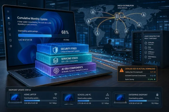 Laptop shows a Windows update downloading 68% with global patch distribution map and server status panels.