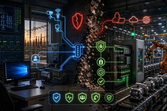 Industrial control room with digital cybersecurity icons and holographic shields amid sparks and debris.