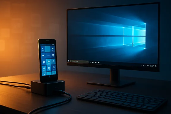 A smartphone docked beside a keyboard displays Windows 10 on a monitor in warm blue lighting.