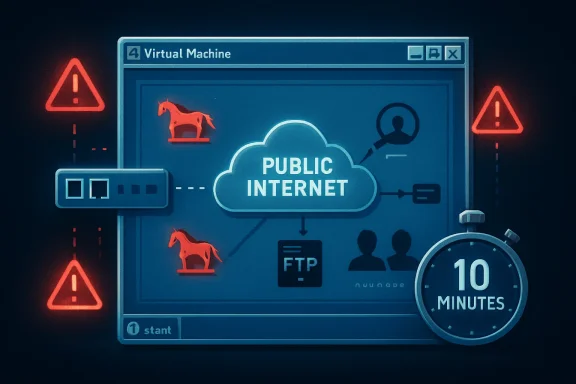 Futuristic “Virtual Machine” screen shows public internet access warnings and FTP connection with a 10‑minute timer.