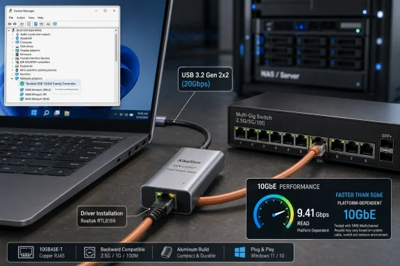 Laptop and network hardware show USB 3.2 20Gbps and 100GbE fast data transfer performance.