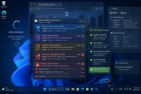 Windows Task Scheduler interface showing task cleanup and “Orphan/Broken Tasks” on a blue desktop.