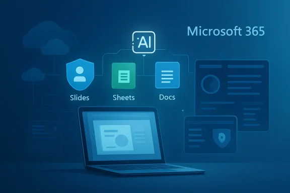 Microsoft 365 AI cloud illustration with slides, sheets, docs icons and a laptop on a blue background.