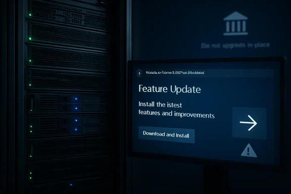 Server racks and a “Feature Update” screen prompting “Download and Install” on a computer display.
