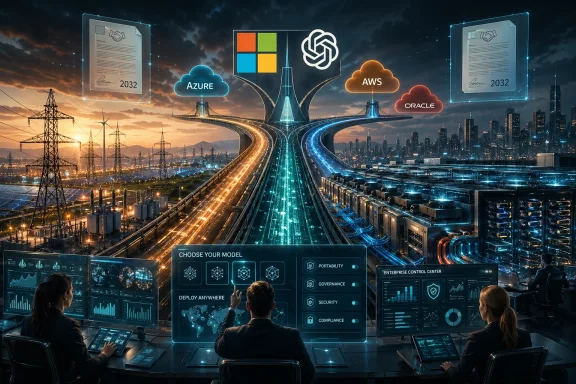 Futuristic data center bridge with cloud icons (Azure, AWS, Oracle) and network lights over a cityscape.