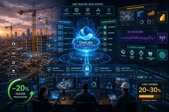 Construction site with AI data platform graphics showing dashboards, streaming, security and cost savings.