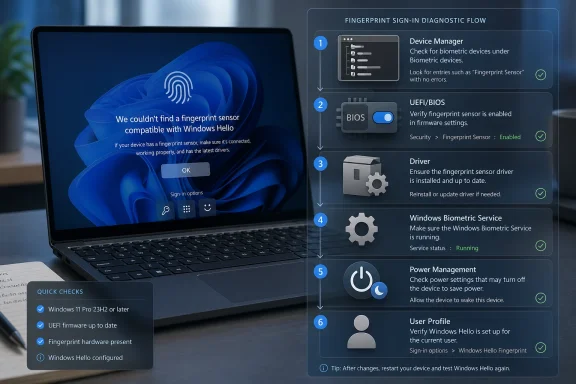 Laptop shows a “fingerprint sensor not found” Windows Hello diagnostic flow with check steps.