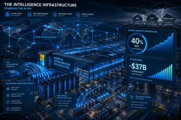 Futuristic data center map showcasing Azure AI infrastructure with global network, growth stats, and secure design badges.