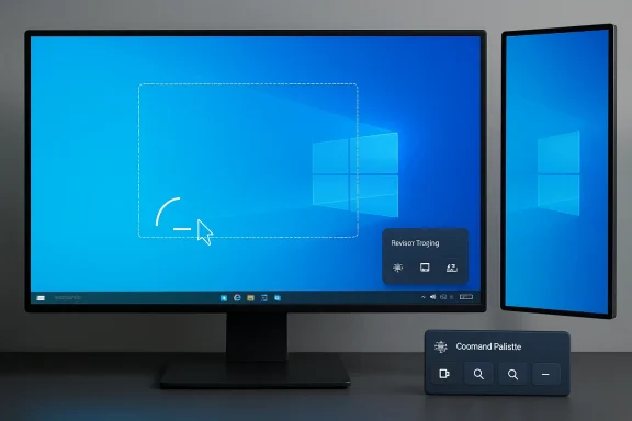 Dual displays show Windows setup with navigation and “Revisor Troing” and “Command Palette” panels.