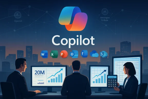 Business team analyzing data on monitors with Copilot logo over a city network backdrop.