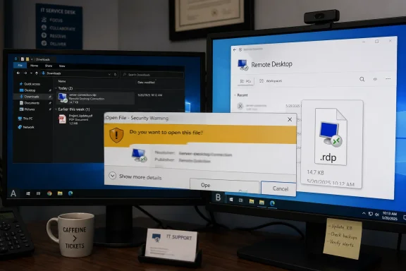IT staff shows Windows Remote Desktop (RDP) opening warning on dual monitors.