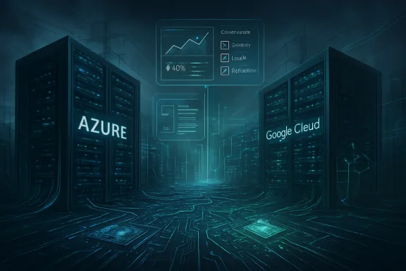 Futuristic cloud data center with “Azure” and “Google Cloud” servers and analytics UI overlays.
