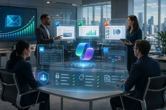 Business team in a modern office collaborating with floating digital apps and a glowing data security icon.